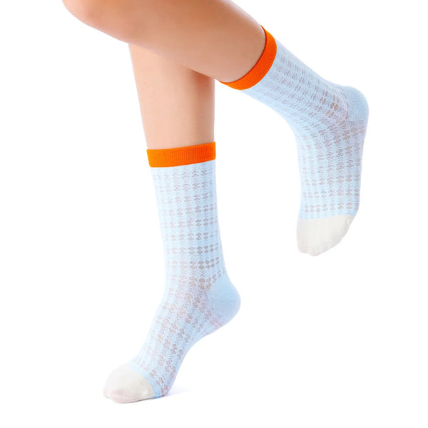 Zoe Color Block Pointelle Semi-Sheer Crew Sock | Blue