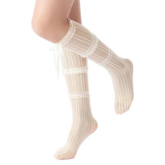 Chloe Layered Lace Knee-High Ribbon Sheer Sock | Beige