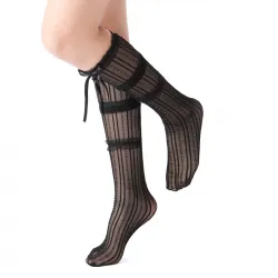 Chloe Layered Lace Knee-High Ribbon Sheer Sock | Black