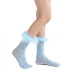 Destiny Feather Trim Lace Crew Sock | Pastel Blue