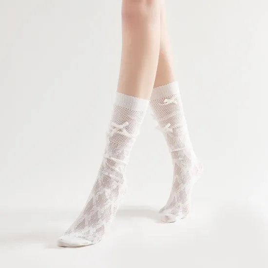 Gabriella 3D Bow Ribbon Applique Lace Crew Sock | White