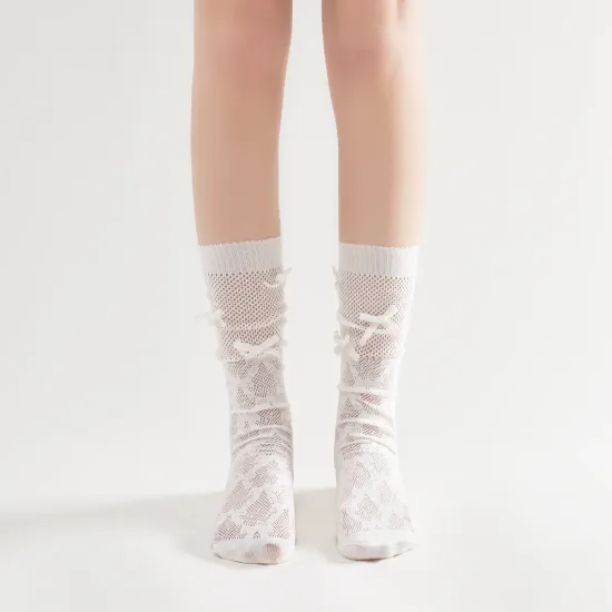 Gabriella 3D Bow Ribbon Applique Lace Crew Sock | White