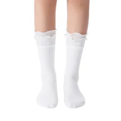 Sophia Layered Lettuce Edge Crew Sock| White