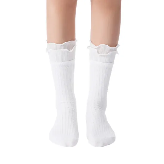 Sophia Layered Lettuce Edge Crew Sock| White