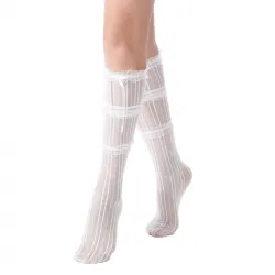 Chloe Layered Lace Knee-High Ribbon Sheer Sock | White