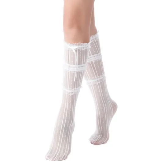 Chloe Layered Lace Knee-High Ribbon Sheer Sock | White
