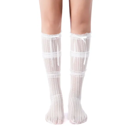 Chloe Layered Lace Knee-High Ribbon Sheer Sock | White
