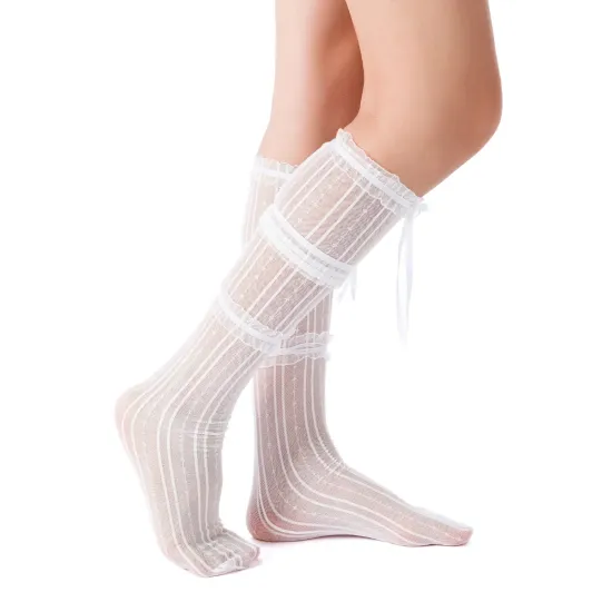 Chloe Layered Lace Knee-High Ribbon Sheer Sock | White